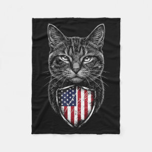 American Cat USA Flag Red White Blue Patriotic 4th Fleece Blanket