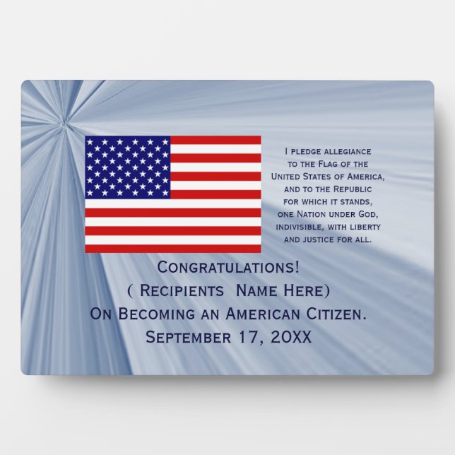 American Citizenship Flag Award with Date by Janz Plaque (Front)