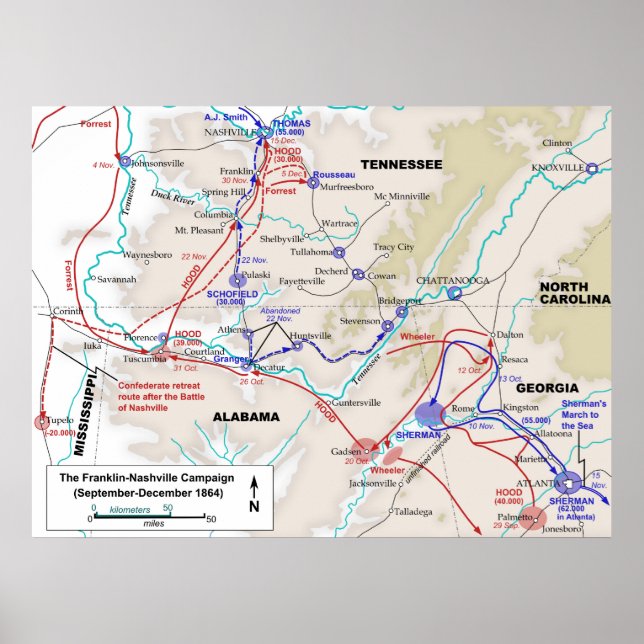 American Civil War Franklin Nashville Campaign Map Poster (Front)