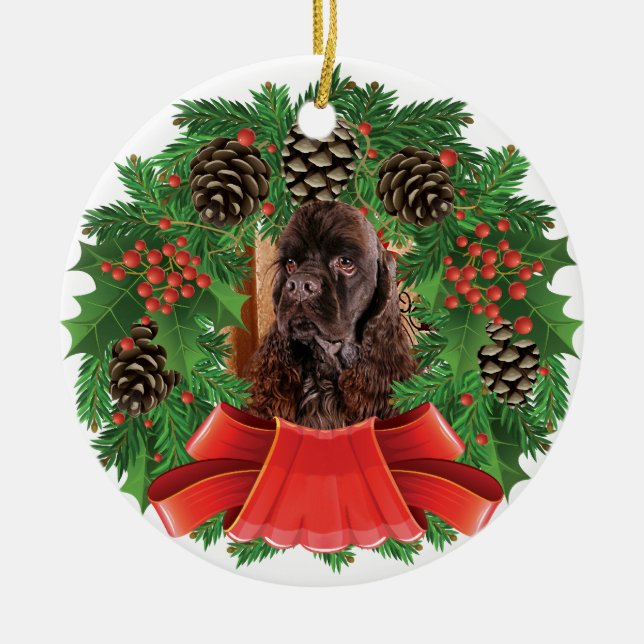 American Cocker Spaniel Christmas Holiday Wreath Ceramic Ornament (Front)