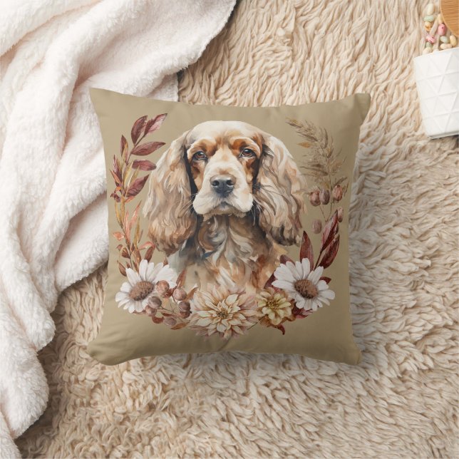 American Cocker Spaniel Dog Autumn Wreath Throw Pillow (Blanket)