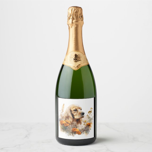 American Cocker Spaniel with Wildflowers 2 Sparkling Wine Label (Front)