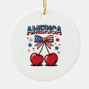 American Coquette Bow Cherry Aesthetic USA Flag Ceramic Ornament