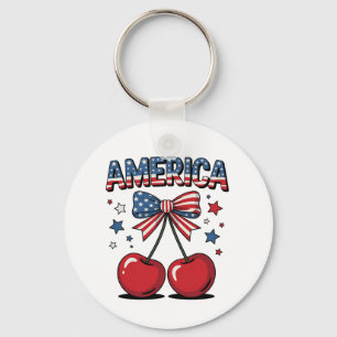 American Coquette Bow Cherry Aesthetic USA Flag Keychain