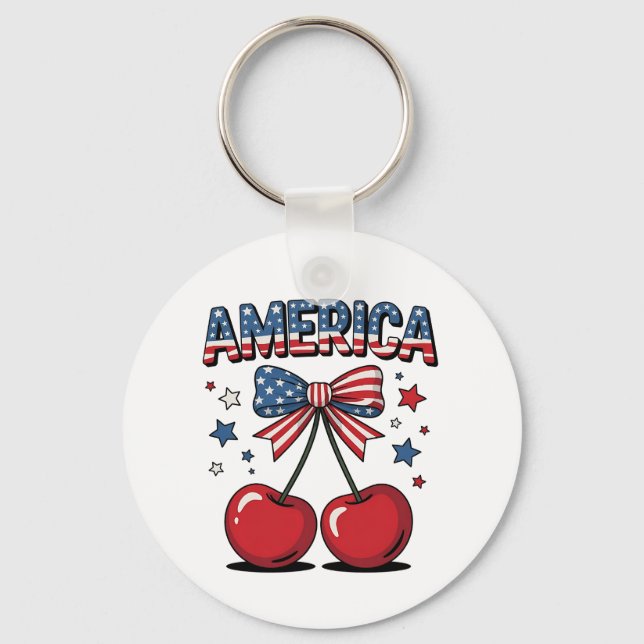 American Coquette Bow Cherry Aesthetic USA Flag  Keychain (Front)