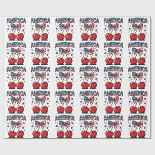 American Coquette Bow Cherry Aesthetic USA Flag  Wrapping Paper