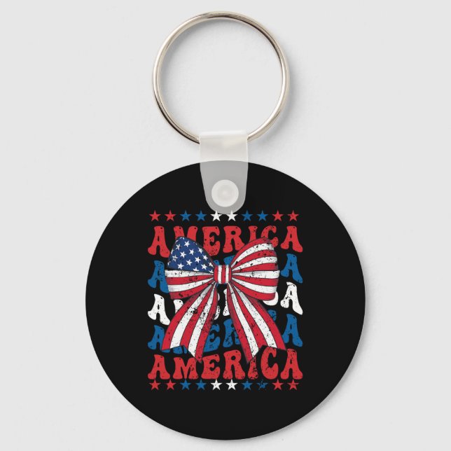 American Coquette Bow Patriotic Usa Flag Happy 4th Keychain (Front)