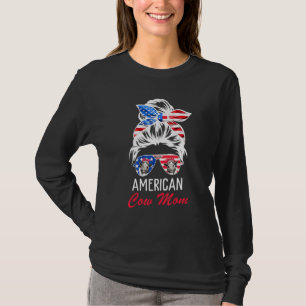 American Cow Mom Messy Hair In Bun Bandana Sunglas T-Shirt