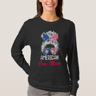 American Cow Mom Messy Hair In Bun Bandana Sunglas T-Shirt