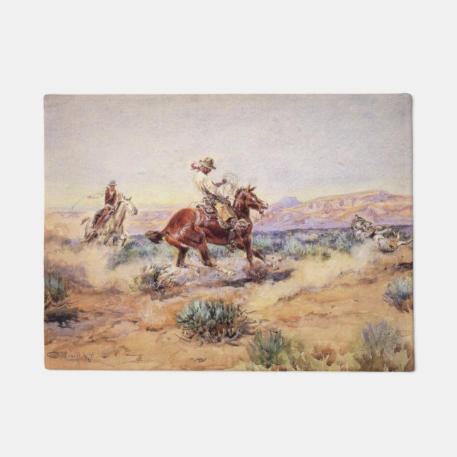 American Cowboys on Horses Lassoing a Wolf Doormat (Front)