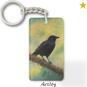 American Crow Bird Painting Custom Name Birder Keychain