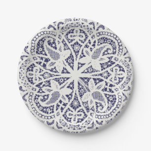 American Doily & Lace, 8, Cream on Blue Paper Plate