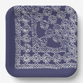 American Doily & Lace, Square Edge1, Cream on Blue Paper Plate