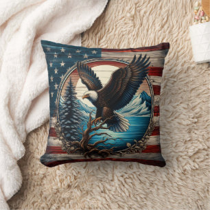 American Eagle Against Scenic Forest Background Throw Pillow