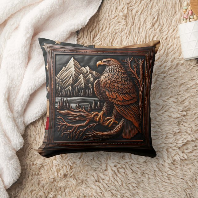 American Eagle Carving With Mountain Background Throw Pillow (Blanket)