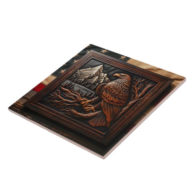 American Eagle Carving With Mountain Background Tile (Side)