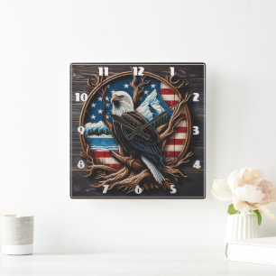 American Eagle Perched Against Scenic Background Square Wall Clock