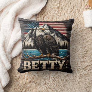 American Eagle Perched Near Mountains and Lake Throw Pillow