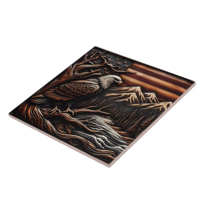 American Eagle Sculpture With Mountains and Flag Tile (Side)