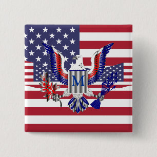 American eagle symbol and flag 2 inch square button