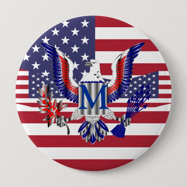 American eagle symbol and flag 4 inch round button (Front)