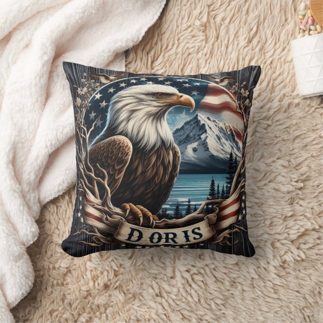 American Eagle With Mountains and Flag Background Throw Pillow (Blanket)