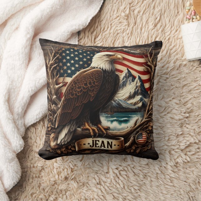 American Eagle With Mountains and Flag Background Throw Pillow (Blanket)