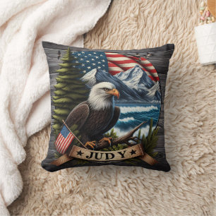 American Eagle With National Flag and Mountains Throw Pillow