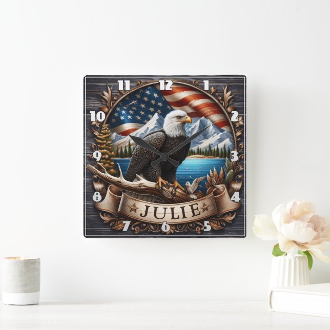 American Eagle With Scenic Mountains and Flag Square Wall Clock (Home)