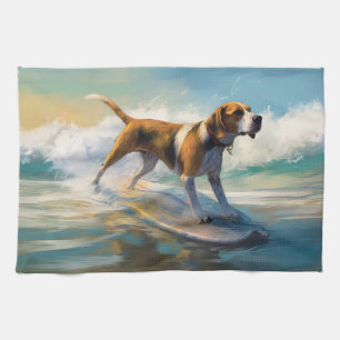 American Engligh Foxhound Beach Surfing Painting  Kitchen Towel