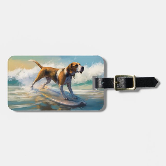 American Engligh Foxhound Beach Surfing Painting  Luggage Tag (Front Horizontal)