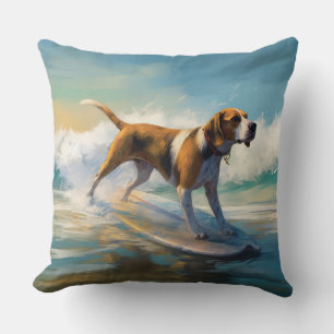 American Engligh Foxhound Beach Surfing Painting Throw Pillow