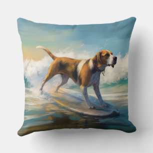 American Engligh Foxhound Beach Surfing Painting Throw Pillow