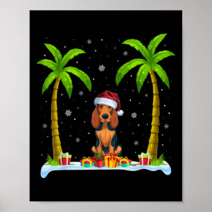 American English Coonhound Dog Santa Hat Palm Tree Poster