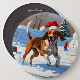 American English Foxhound Christmas Festive Snow  6 Inch Round Button