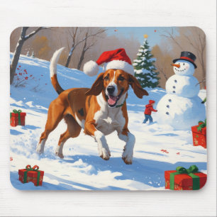 American English Foxhound Christmas Festive Snow Mouse Pad