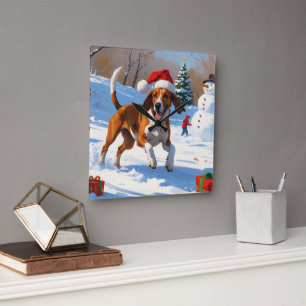 American English Foxhound Christmas Festive Snow Square Wall Clock