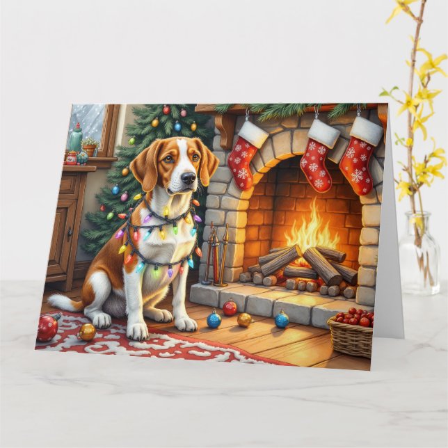 American English Foxhound Christmas Lights  Card (Yellow Flower)