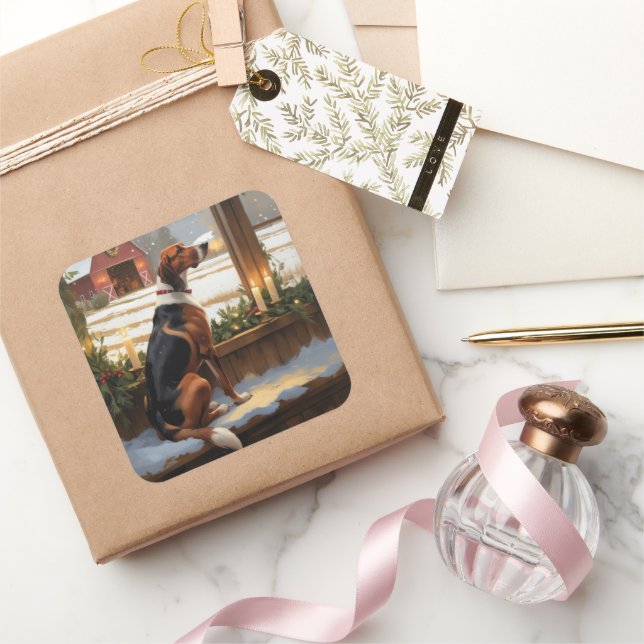 American English Foxhound Christmas Lights Holiday Square Sticker (Gifting)