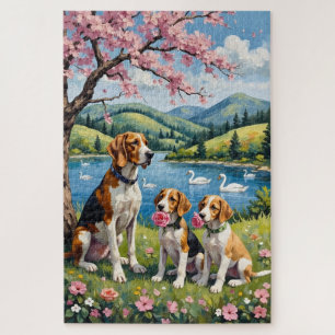 American English Foxhound Family Meadow Art Jigsaw Puzzle
