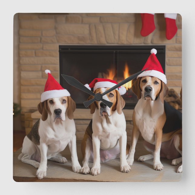 American English Foxhound Fireplace Christmas Square Wall Clock (Front)