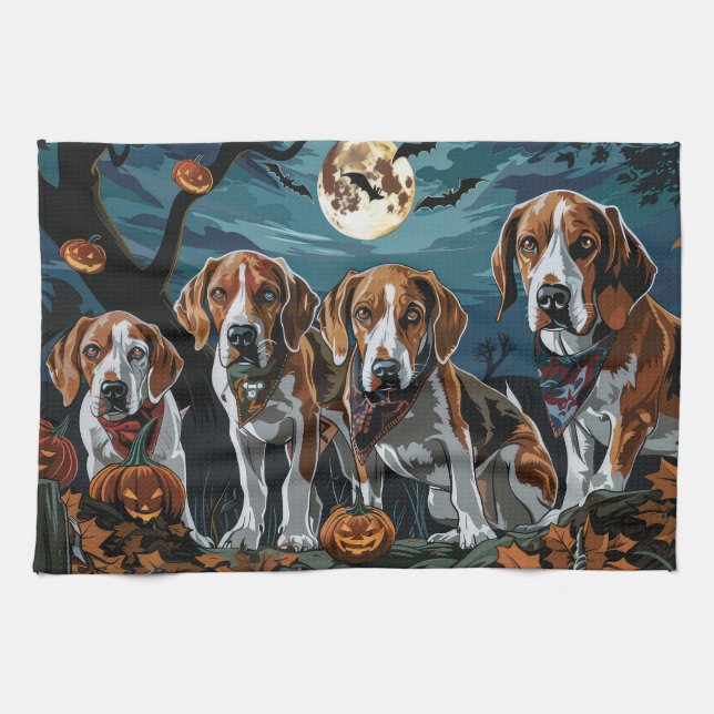American English Foxhound Halloween Spooky  Kitchen Towel (Horizontal)