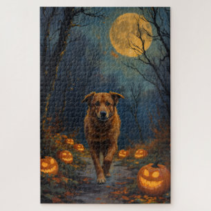 American English Foxhound Haunted Forest Halloween Jigsaw Puzzle