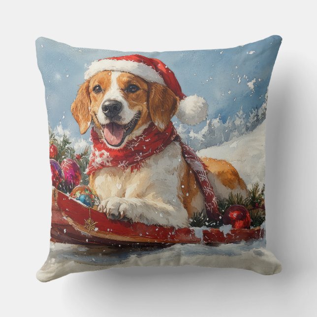 American English Foxhound in Sledge Christmas Throw Pillow (Back)