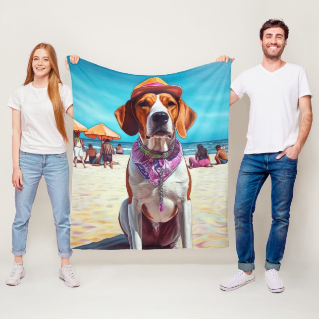 American English Foxhound on Beach, summer gift  Fleece Blanket (In Situ)