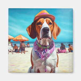 American English Foxhound on Beach, summer gift  Magnet