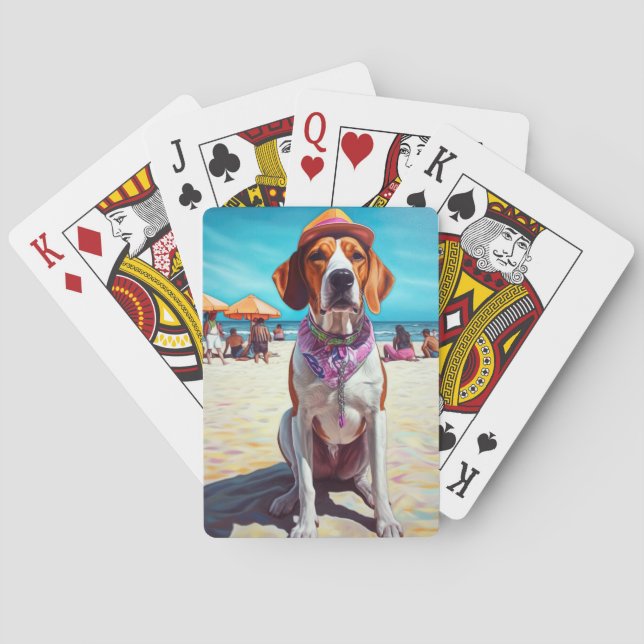 American English Foxhound on Beach, summer gift  Playing Cards (Back)