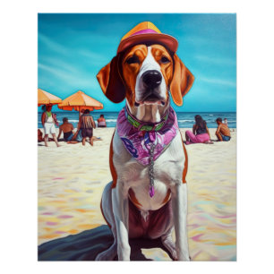 American English Foxhound on Beach, summer gift  Poster