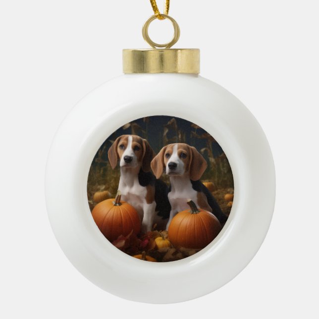 American English Foxhound Puppy Autumn Delight Ceramic Ball Christmas Ornament (Front)