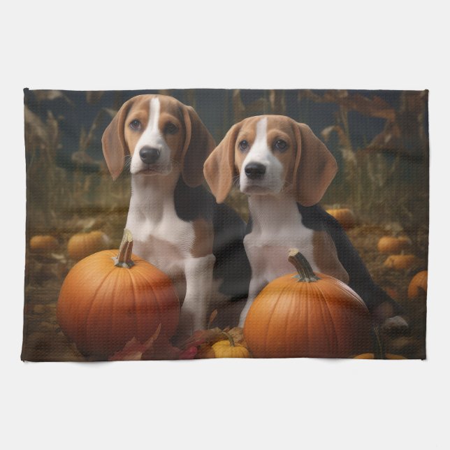 American English Foxhound Puppy Autumn Delight Kitchen Towel (Horizontal)